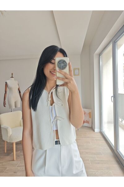 DUSOHOME Brass Knitted Vest with Front Tie Steel Knitted Vest