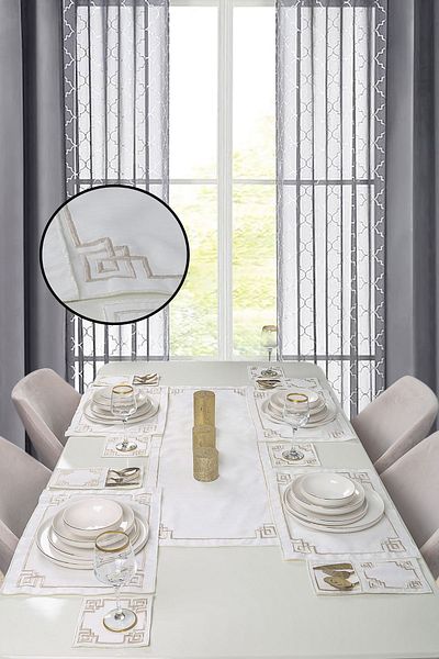 Bonny Home . Μοτίβο Κρέμα Χρυσό για 8 Άτομα 25 Τεμάχια Κεντητό Λινό Σετ Τραπεζαρίας American Service Runner