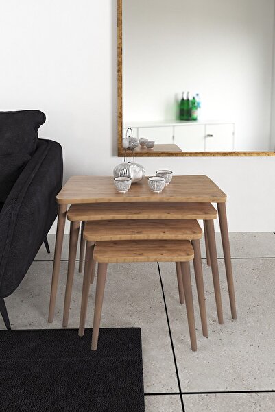 Zuesse Dizayn Selena 4lü Zigon Sehpa Ahşap Ayaklı Salon Seti Çay Sehpası – Çam