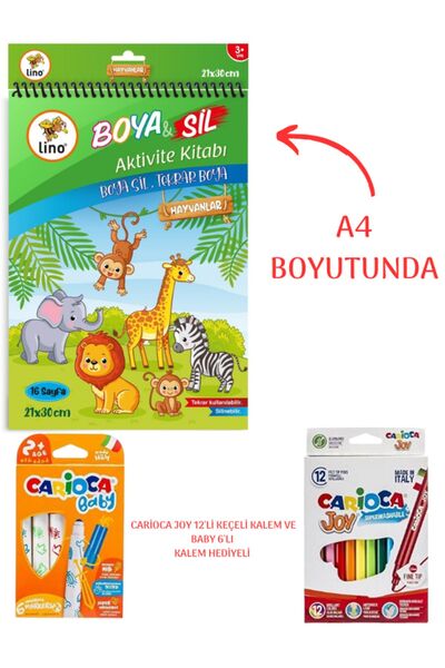 CARIOCA Lino Boya Sil Aktivite Kitabı A4 Hayvan Joy 12'li ve Baby 6'lı Kalem  Hediyeli (BOYA VE KOLAYCA SİL)