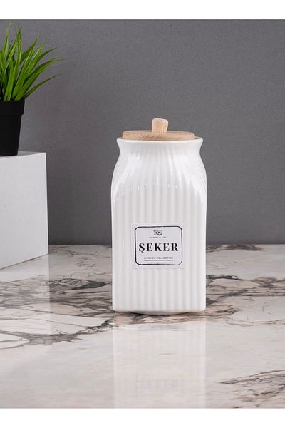 Kitchen Pembelia 1000 ml Bamboo Vacuum Porcelain Candy Jar with Vacuum Lid