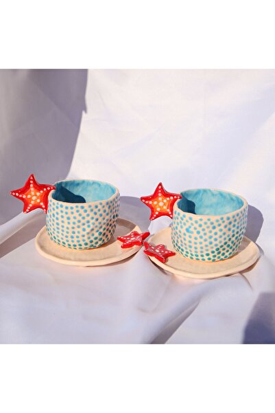 Lily & Loly Ceramics Kırmızı Deniz Yıldızı Kulplu Mavi Puantiyeli  El Yapımı Seramik Türk Kahvesi Fincan Seti - 2'li