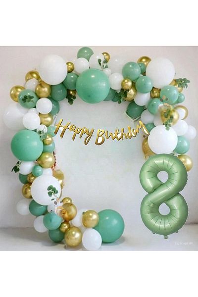 DÜVENCİ TİCARET Matte Green Age Foil Balloon Happy Birthday Caligraphic Green Gold White Birthday Party Set