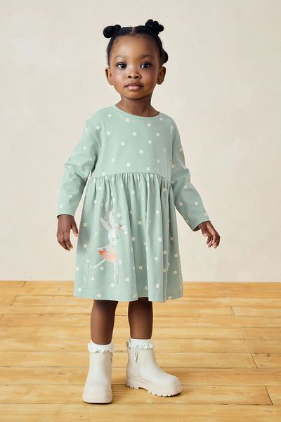 Next Baby Blue Floral Patterned Cotton Long Sleeve Jersey Dress