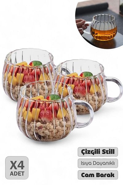Madamev 250 ml Heat Resistant 4-Piece Striped Still Glass Cup and Coffee Presentation Cup - Tea Cup with Handle