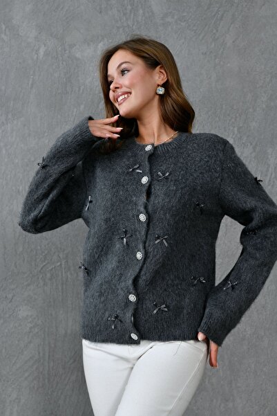 bayansepeti Gray Acrylic Fabric Stylish Button Design Bow Ecru Knitwear Cardigan 1041