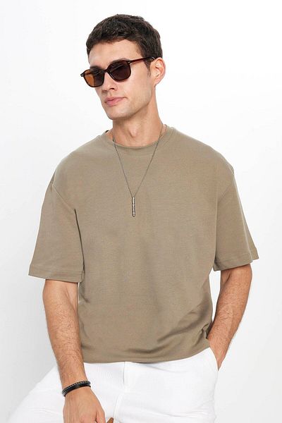 Tudors Unisex Oversize Wide Cut 100% Cotton Soft Texture Basic Crew Neck Khaki T-Shirt