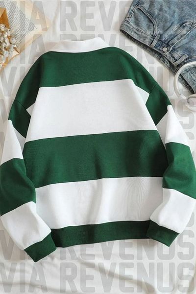 Vordevia Φούτερ με στάμπα Red Star Unisex Πράσινη Λευκή Ριγέ με μισό φερμουάρ