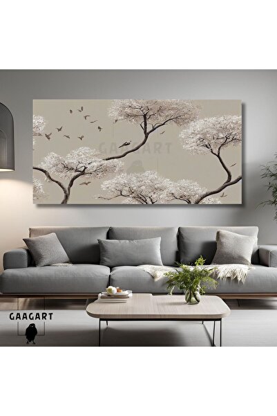 GAAGART Panoramik Kanvas Duvar Tablosu Kuşlar ve Çizgisel Ağaçlar