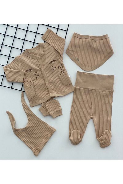 Necix's Organic Fabric Embroidered 5 Piece Hospital Discharge Set - Our Cheerful Babies, Brown with Front Pockets