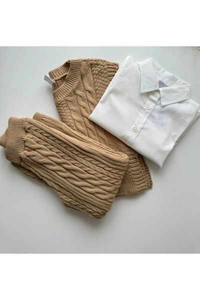 Butik White Knitwear Shirt and Brown Trousers Set - Girl