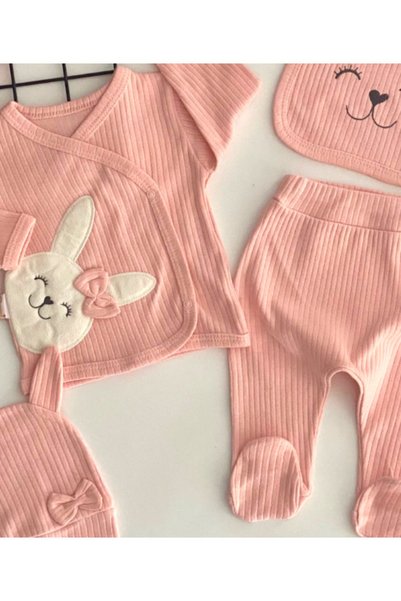 DERİNBEBE طقم إصدار المستشفى المكون من 5 قطع من القماش العضوي بتصميم تيدي بير مطرز باللون السلمون