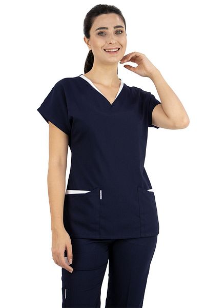Alsancak Üniforma Set de tricou pentru doctor și asistentă din țesătură subțire din lycra albastru bleumarin Twin Flex