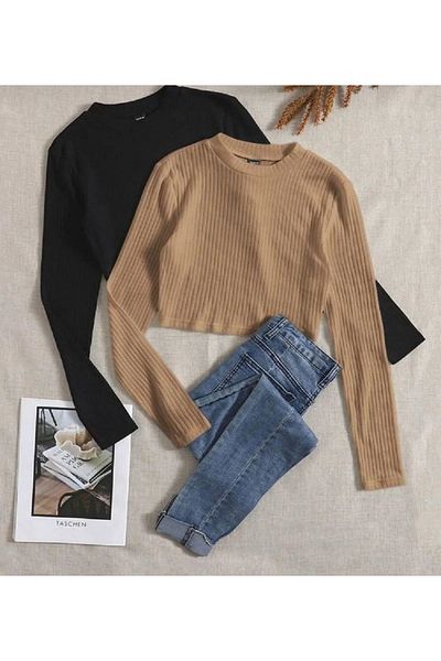 Lorya Giyim Pack of 2 100% Cotton Ribbed Camisole Long Sleeve Crop Blouse