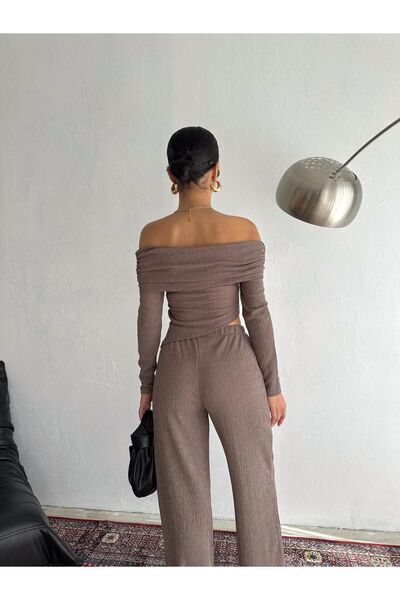 aytenli Бюрюмджук костюм с яка Мадона, триъгълна кройка, блуза с дълъг ръкав, еластична талия и връзки, широки панталони