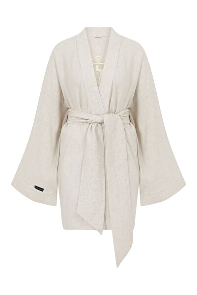 Saraswati Society Keten Sarı Solar Pleksus Çakra Nakışlı Kimono