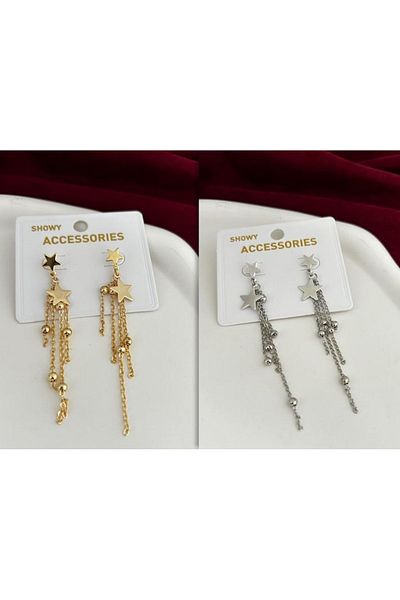 mos&more Silver Chain Dangle Star Detailed Design Earrings