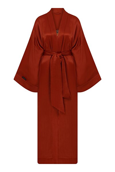 Saraswati Society Kırmızı Viskos İpek Sırt Kaplan Nakış Desenli Uzun Kimono