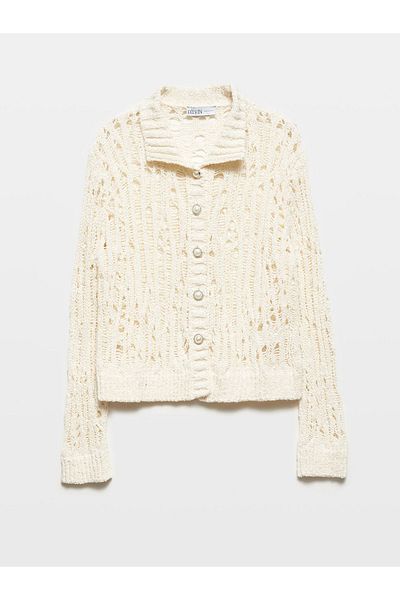 Dilvin 60243 Pearl Buttoned Knitwear Cardigan-Ecru