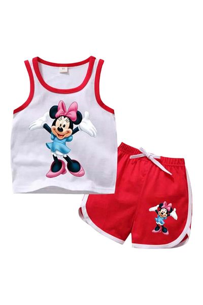 DERİNBEBE Our Cheerful Babies Mouse Printed Strappy Girl Combed Cotton Shorts Set Red