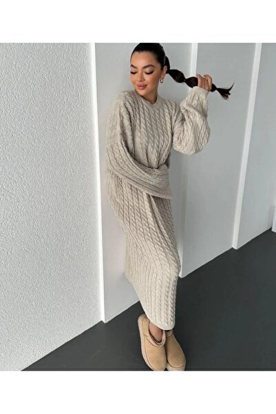 ANUBİS Bisiklet Yaka Örgü Desen Uzun Triko Elbise