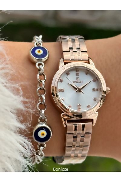 Reward New Model Steel Cord Rose Color Small Case Women's Wristwatch + Nazar Beaded Bracelet Gift