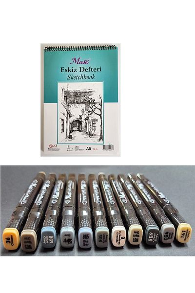 Masis A5 Drawing Notebook - Double Ended Graphic Marker, 12 Pack Cool Colors