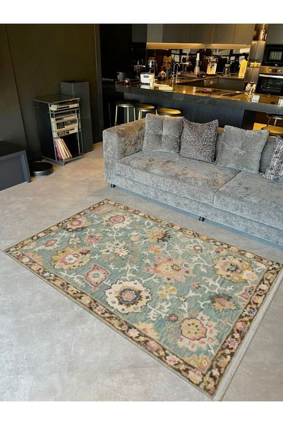 Rugs Modern Halı Lina Collection Antique Look Green Patterned Woven Base Deco...