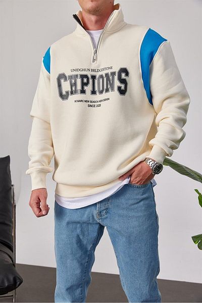 NOMARC Chpions Collar Zippered Ecru Sweatshirt