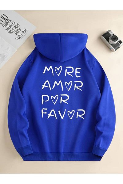 Keywest More Amor Por Favor Printed Unisex Oversize Χειμερινό φούτερ - 3 κλωστές 100% βαμβακερή κουκούλα