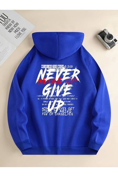Keywest Унисекс Never Give Up Зимен суичър с щампи Oversize - 3 нишки, 100% памук, суичър с качулка