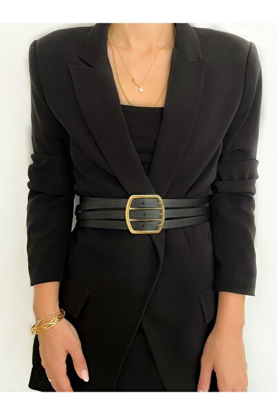 Generic Brand Black Women's Belt with Three Strips Gold Buckle