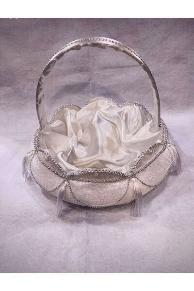 BİRCAN KINA 2-Piece White to Silver Tassel Henna Basket - for Engagement and Wedding