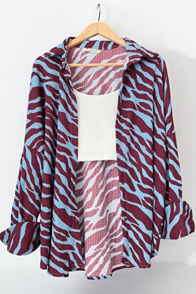 bb butik basic قميص نسائي مجعد بطبعة حمار وحشي لا يريد الكي KGT-Z0026