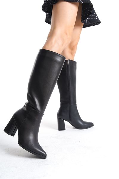 LEMUES SHOES Дамски черни ботуши с цип и ток до коляното