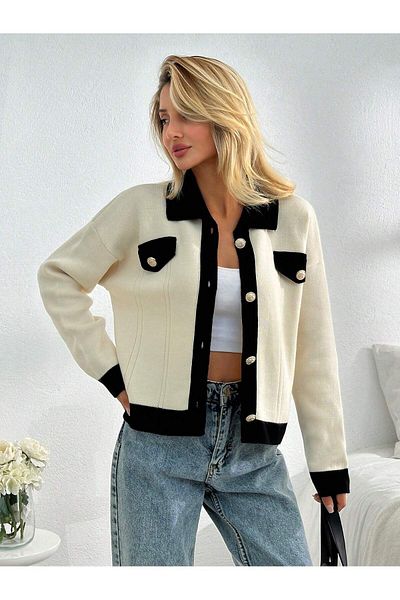Ugdelia Women's Premium Polo Neck Knitwear Cardigan - Pocket Detailed