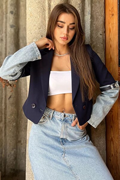 GÜLSELİ Темно-синя джинсова жіноча коротка куртка-піджак
