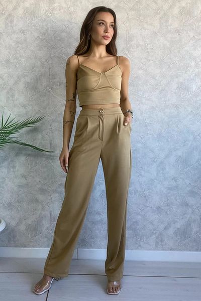 GÜLSELİ Beige Crop Bustier Trousers Double Set