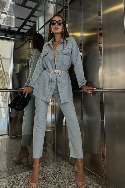 Seda Yalçın Atelier Premium Blue Jewelled Belted Shirt and Pants Set