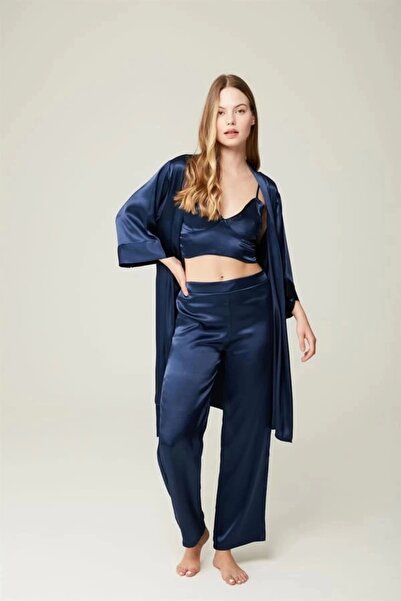 Felicia-Navy 3lu Saten Sabahlık Bustiyer Pantolon lacivert
