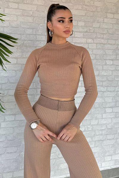 GÜLSELİ Biscuit Corded Crop Knitwear Blouse Trousers Double Set