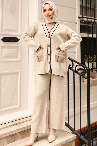 benguen 24116 Pocketed Cardigan Knitwear Set Stone Color
