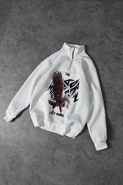 Slatra Ανδρικό λευκό φούτερ The Last Rebel Half Zipper Oversize