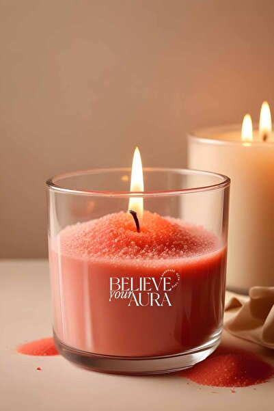 Believe Your Aura Kırmızı İnci Tozu Mum - Natural Sandal Ağacı Kokulu Cam Bar...