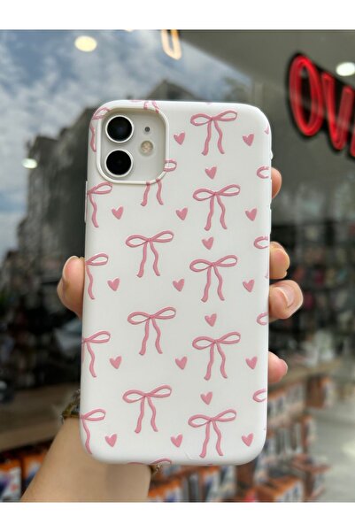 OVADA İphone 11 Uyumlu Kalp Ve Kurdele Desenli Kabartma Baskılı Kadife Siliko...