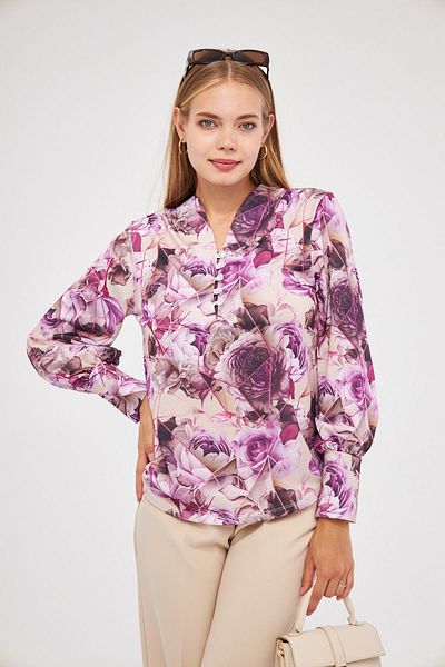 Avones Women's Digital Looked Front Placket Buttoned Sleeve Cuffed Scuba Blouse