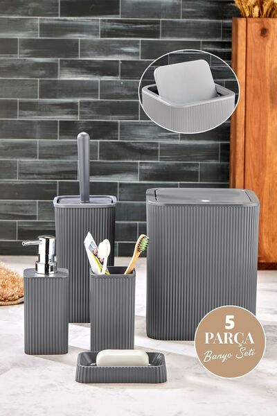 Tugomer 5 Parça Lena Pratik Kapaklı Kare Banyo Seti - Çizgili Banyo Düzenleyi...
