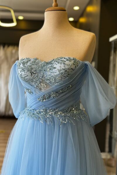 Lenta Moda Buz Mavi Drapeli ve Çiçek Desen Dantel Detaylı Midi Boy Abiye Ve Gece Elbisesi