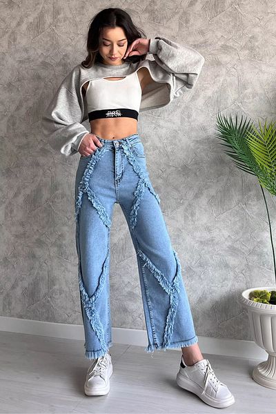 GÜLSELİ Light Blue High Waist Tassel Detailed Palazzo Jean Jeans