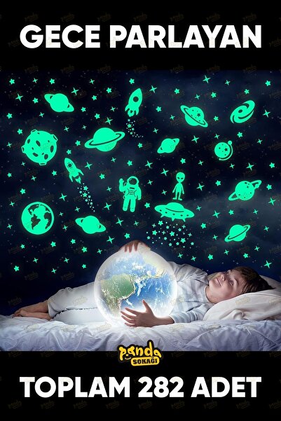 PANDA SOKAĞI Karanlıkta parlayan yıldızlar,gezegenler ve roket astronot güneş...